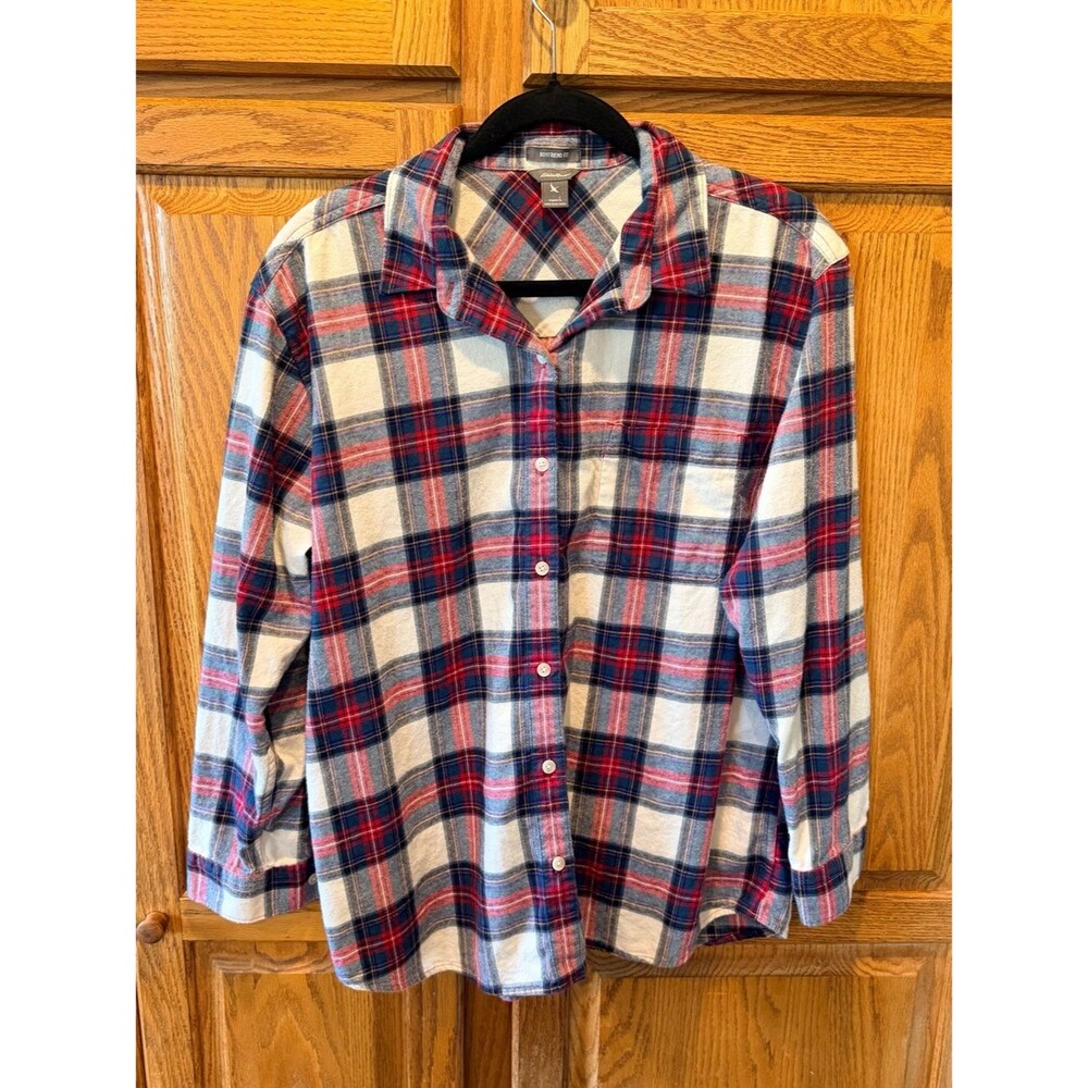 Eddie Bauer 100% Cotton Boyfriend Fit Plaid Button-Down Shirt Women’s L Cozy